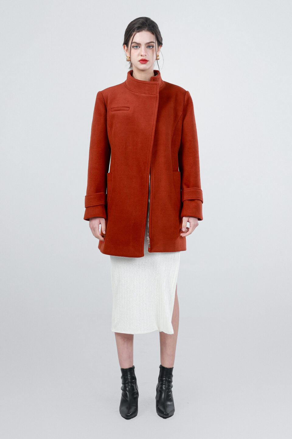 Asymmetric High Collar Felt Coat Red L