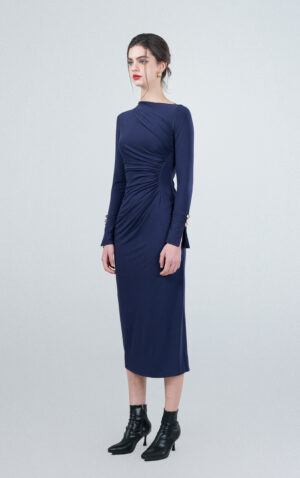 Navy Draped Stretch Midi Dress 2