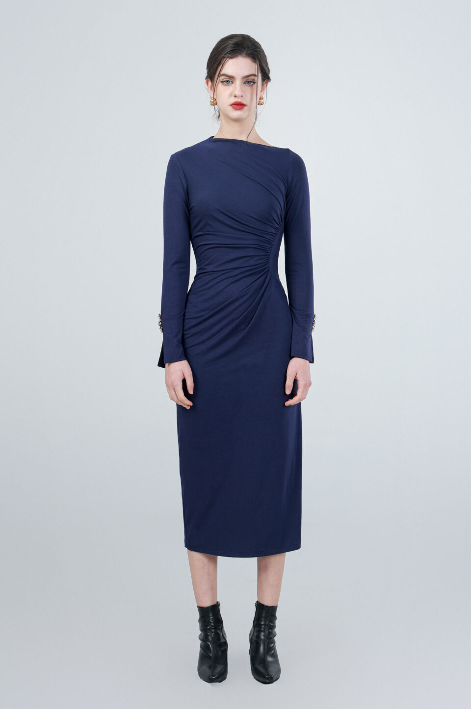 Navy Draped Stretch Midi Dress 4