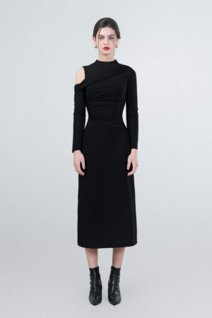 Black Asymmetric Midi Dress with Long Sleeve (1)