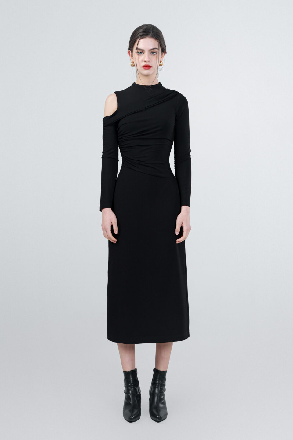 Black Asymmetric Midi Dress With Long Sleeve 1 Scaled Scaled