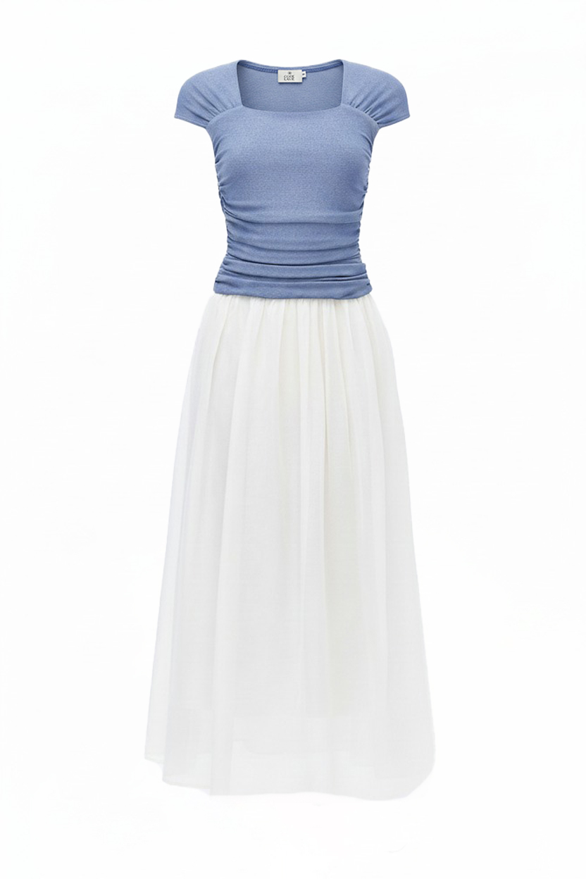 Two-Tone Gathered Bodice Dress
