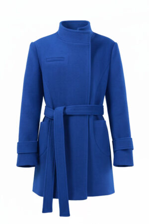 Blue Asymmetric High Collar Felt Coat