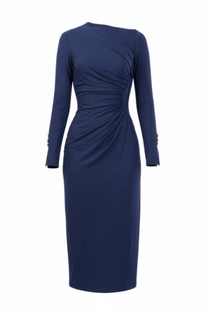 Navy Draped Stretch Midi DressAsymmetric L